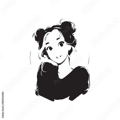 Beautiful Kawaii Girl Black and White Vector Illustration in Cute Simple Line Art Style