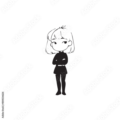 Beautiful Kawaii Girl Black and White Vector Illustration in Cute Simple Line Art Style