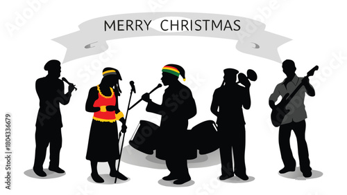 Diverse group of musicians from various countries performing together with instruments and musical notes symbolizing global harmony and collaboration in a vibrant artistic design