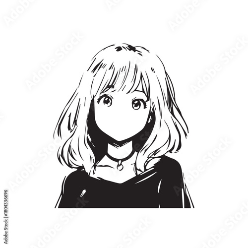 Beautiful Kawaii Girl Black and White Vector Illustration in Cute Simple Line Art Style
