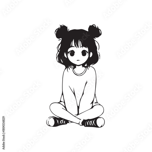 Beautiful Kawaii Girl Black and White Vector Illustration in Cute Simple Line Art Style