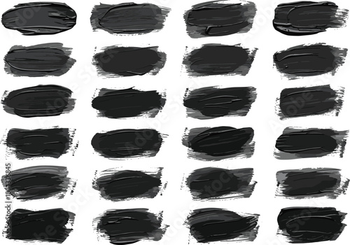 Brushstroke grid, black texture swatches, artistic strokes, abstract painting, visual art study, ink marks, creative design, brush technique, comparison chart