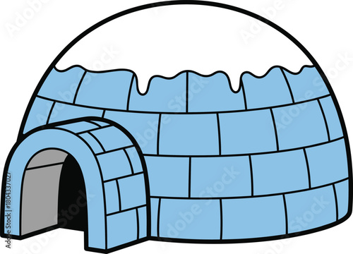 Cartoon igloo, ice shelter, snow dome, Inuit architecture, cold climate home, blue ice blocks, winter hut, arctic structure