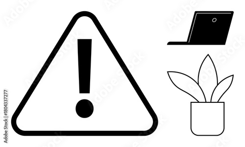 Exclamation mark in a triangle warning sign next to a laptop and potted plant. Ideal for workspace safety, cautionary advice, workplace alerts, productivity awareness, organization, mindfulness