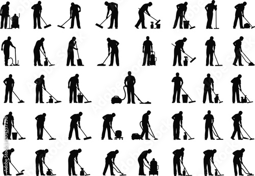 Cleaning worker silhouettes, janitor icon set, mop sweep vacuum vector, maintenance staff graphic, black white design, organized grid