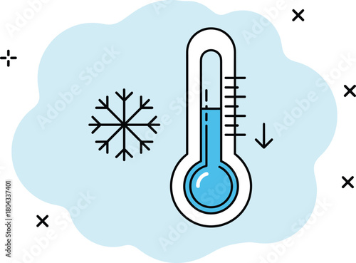 Cold temperature icon, thermometer illustration, snowflake symbol, blue liquid, freezing weather, stylized vector, winter, chill, icy, drop, climate, cool, seasonal, low temperature, cold 