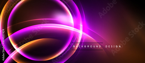Vibrant neon lines create abstract circular shapes. Purple, orange hues dominate dark background. Modern design element.