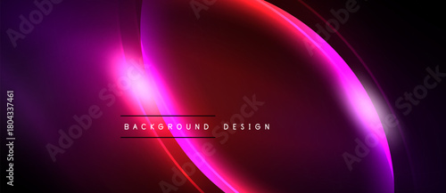Abstract background features vibrant curves, gradients. Pink, purple, red hues dominate dark space. Modern design element.