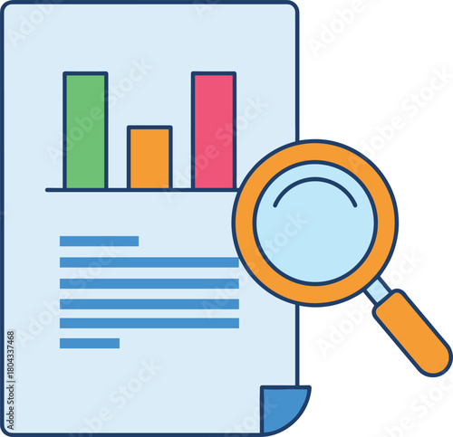 Data analysis document, bar chart illustration, magnifying glass icon, business report graphic, audit concept, financial review, infographic design, analytics visualization, performance metrics,