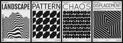 Landscape background. Optical illusion. Abstract geometric pattern. Squares within squares. Wavy surface. Cover design template. Vector for brochure, poster, card, flyer, diary, notebook or notepad.