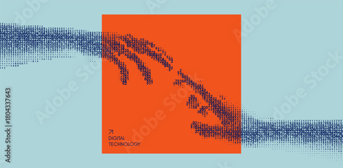 Hands reaching towards each other. Сascading digital code matrix. Concept of digitalization and artificial intelligence. 3D illustration for banner, flyer, poster, cover or brochure.