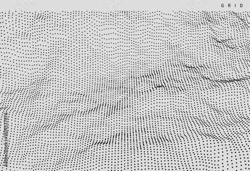 Background of black dots randomly moving on white backdrop. Chaotic concentration and dispersion of small particles. Grainy design. Wavy surface. Dynamic vector illustartion.