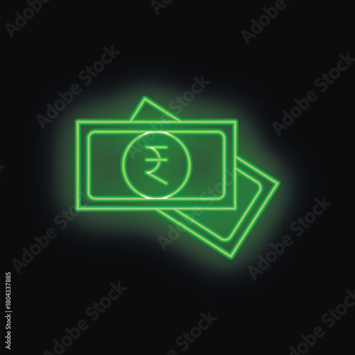 Green neon sign representing two indian rupee banknotes glowing on a black background
