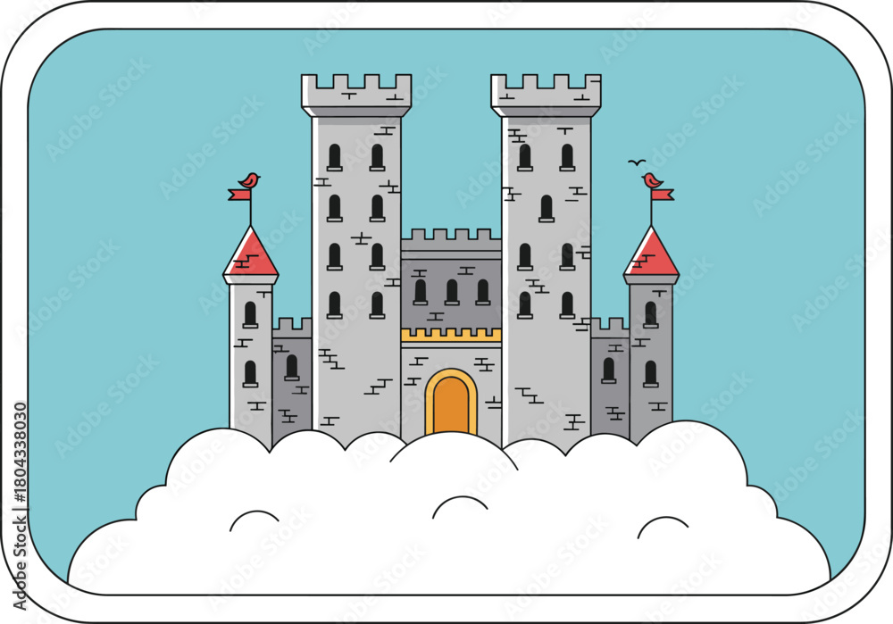 Fototapeta premium Floating medieval castle above clouds, fantasy architecture, whimsical fortress, magical towers, stone walls, red rooftops, dreamy sky illustration