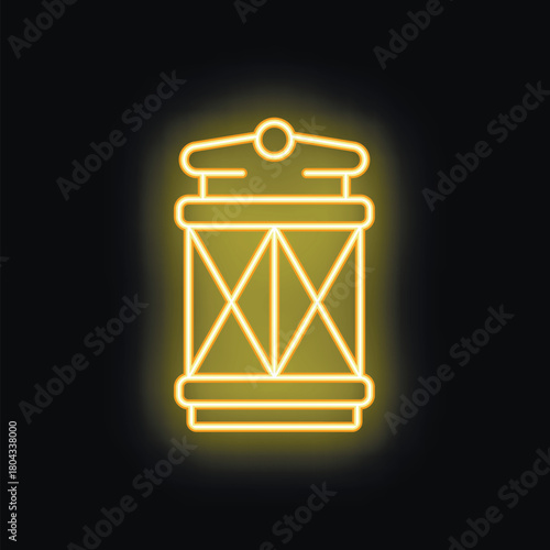 Neon sign of vintage camping lantern glowing yellow on black background