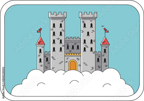 Floating medieval castle above clouds, fantasy architecture, whimsical fortress, magical towers, stone walls, red rooftops, dreamy sky illustration