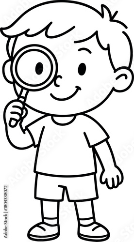 Cute cartoon boy holding a magnifying glass looking through it