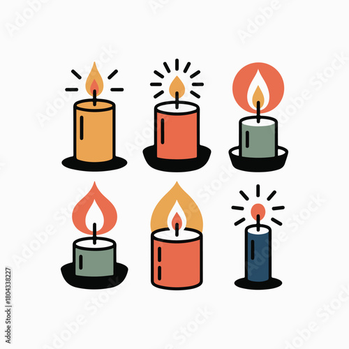 Six colorful flat icon candles with flames on white background light fire.