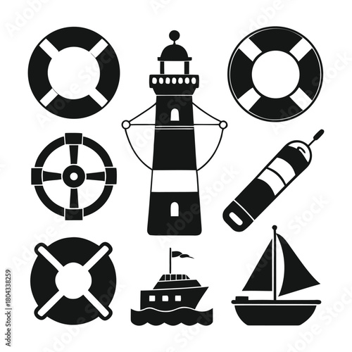 Nautical and marine elements vector collection featuring essential sea travel icons like a lighthouse, lifebuoys, ships, and navigation equipment, perfect for ocean-themed designs
