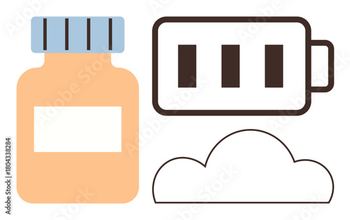 Medicine bottle, battery symbol with charging indicators, and a cloud representing health, energy, and innovation. Ideal for healthcare, rejuvenation, technology, sustainability vitality storage