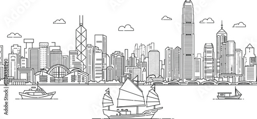 Hong Kong city skyline, line art illustration, traditional junk boat, modern skyscrapers, waterfront view, architectural diversity, black and white drawing
