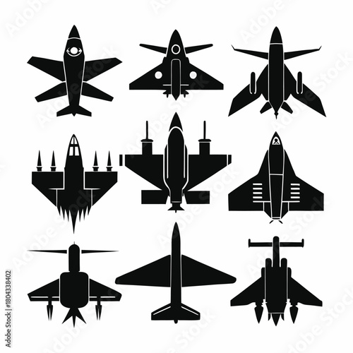 Set of nine black silhouette icons of military fighter jets and combat aircraft, top view vector illustration collection