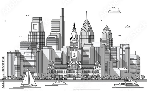 Philadelphia city skyline, line art illustration, City Hall tower, Liberty Place buildings, waterfront scene, sailboats, urban architecture, black and white