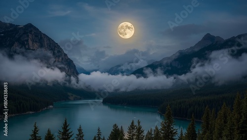 A mountain valley covered in fog at night, with a beautiful full moon.