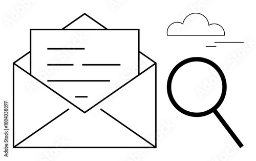 Open envelope containing a letter, magnifying glass, and cloud emphasizing search, communication, and cloud storage. Ideal for correspondence, email, analytics, cloud services messaging research
