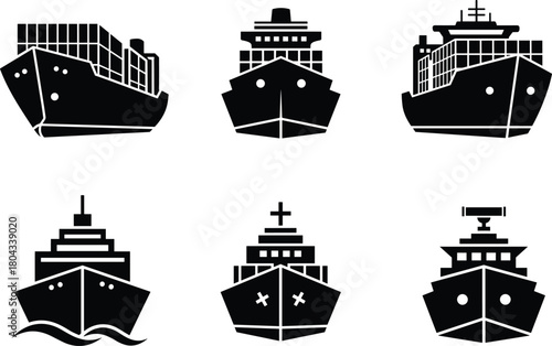 Ship icon set, cargo ship vector, cruise ship silhouette, hospital ship graphic, naval vessel illustration, black and white design