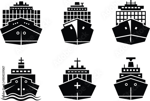 Ship icon set, cargo ship, container vessel, hospital ship, cruise ferry, naval silhouette, front view, vector 