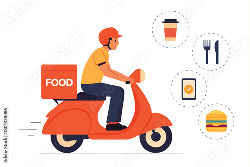 Illustration of a food delivery person riding a scooter with food bag and icons representing food and drinks