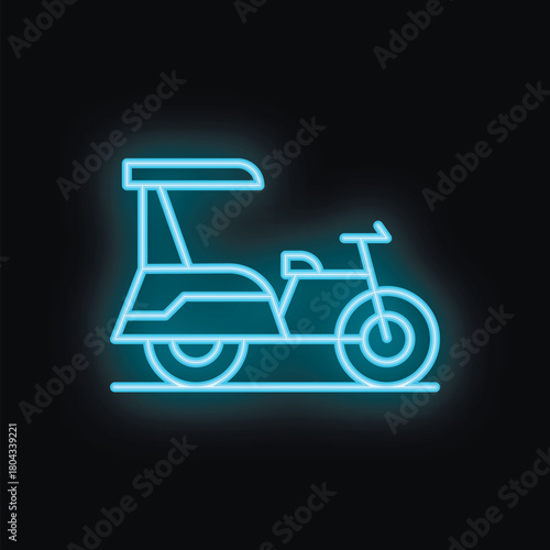 Blue neon icon of a rickshaw transporting passengers, isolated on a black background