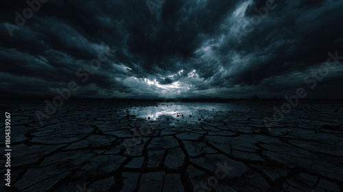 Dramatic cracked dry earth landscape under stormy clouds with reflective puddle and cinematic moody lighting conveying tension and isolation