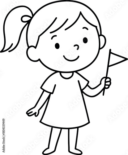 Happy little girl with ponytail holding a small flag in her hand
