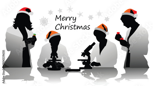 Scientists and researchers in a laboratory setting wearing santa hats celebrating the holiday season with festive cheer and scientific exploration