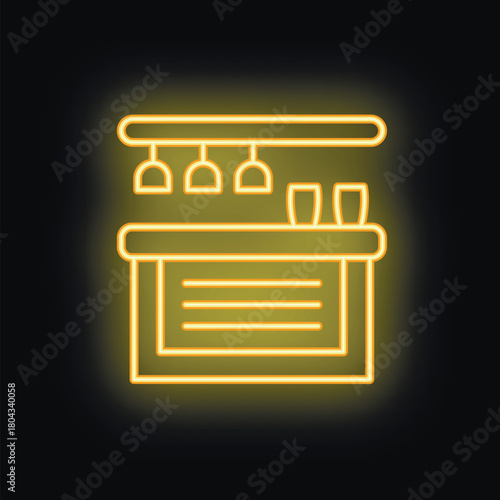 Neon sign of a bar counter glowing yellow on a black background