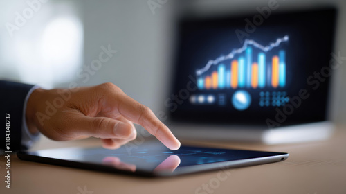 Focused businessman hand touching tablet for data analysis. glowing financial chart on screen shows business growth, strategy, and investment success