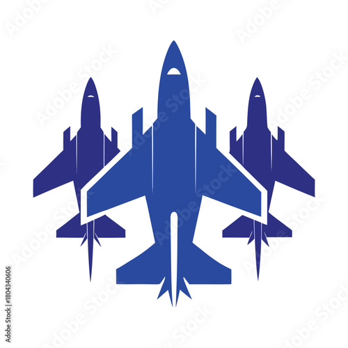 Vector illustration of three blue military fighter jets flying in formation. A flat icon set of combat aircraft silhouettes for aviation design