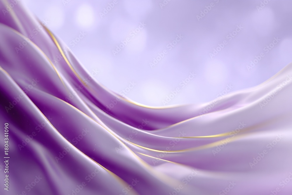 Obraz premium Purple Draped Fabric: Delicate waves of purple fabric cascade gracefully, adorned with subtle gold accents, with a soft blurred background, evoking a sense of luxury, elegance, and fluidity.
