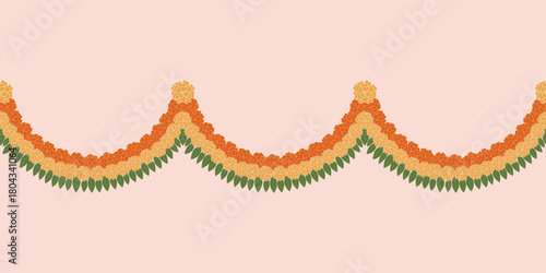 Marigold garland seamless border for Indian traditional festive decorations. Bright yellow and orange floral border for Diwali, Pongal festival, wedding, pooja or spiritual celebration.
