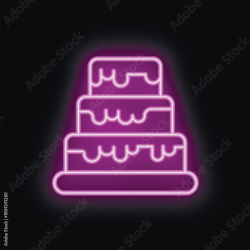 Neon sign in the shape of a three tier cake with purple icing dripping down the sides
