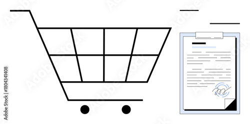 Shopping cart alongside signed document emphasizes online shopping, e-commerce, order fulfillment, consumer rights, and agreement validation. Ideal for retail, contracts, logistics, business deals