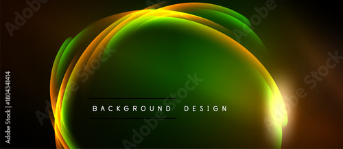 Abstract neon layers create vibrant circular design. Green, orange, yellow hues dominate dark background. Modern aesthetic.