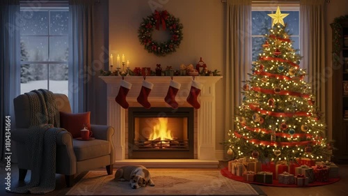 Cozy living room interior with decorated christmas tree fireplace with burning fire and dog sleeping on rug in winter evening 3d illustration