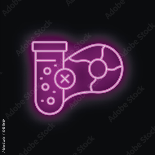 Neon icon representing the concept of cultured meat with a test tube rejecting a piece of meat