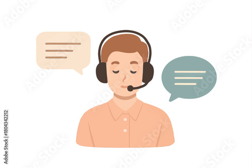 Customer service representative wearing a headset with speech bubbles indicating communication and assistance for clients, illustrating support and engagement