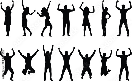 Silhouetted people celebrating, triumphant poses, black figures, white background, group excitement, dynamic movement, artistic energy, motivation, unity