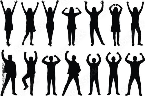 Silhouetted men and women celebrating, triumphant poses, black figures, white background, group unity, empowerment, victory, expressive gesture