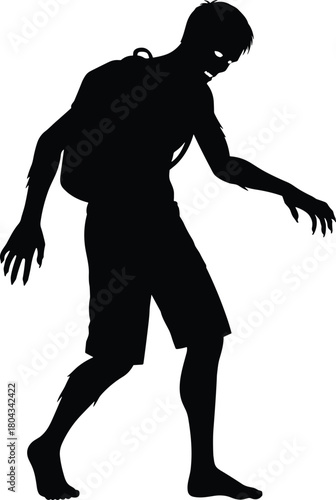 Zombie silhouette with backpack, tattered clothing, eerie posture, black figure, white background, horror theme, undead character, Halloween concept